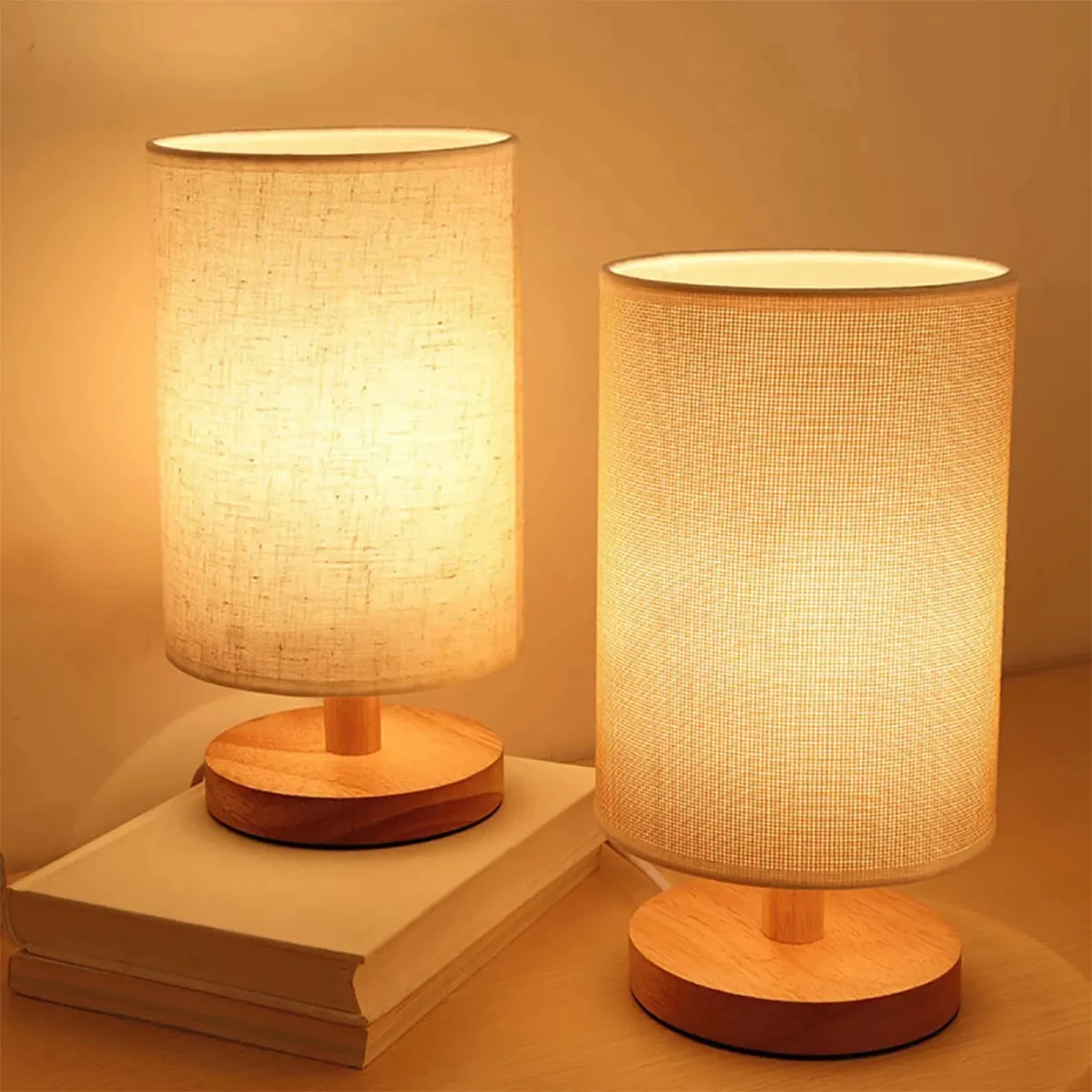 Classical Table Lamp Wooden Bedside Lamp Night Light Eye Protection Rechargeable Desk Light W/ Cylinder Lamp Shade Bedroom Decor