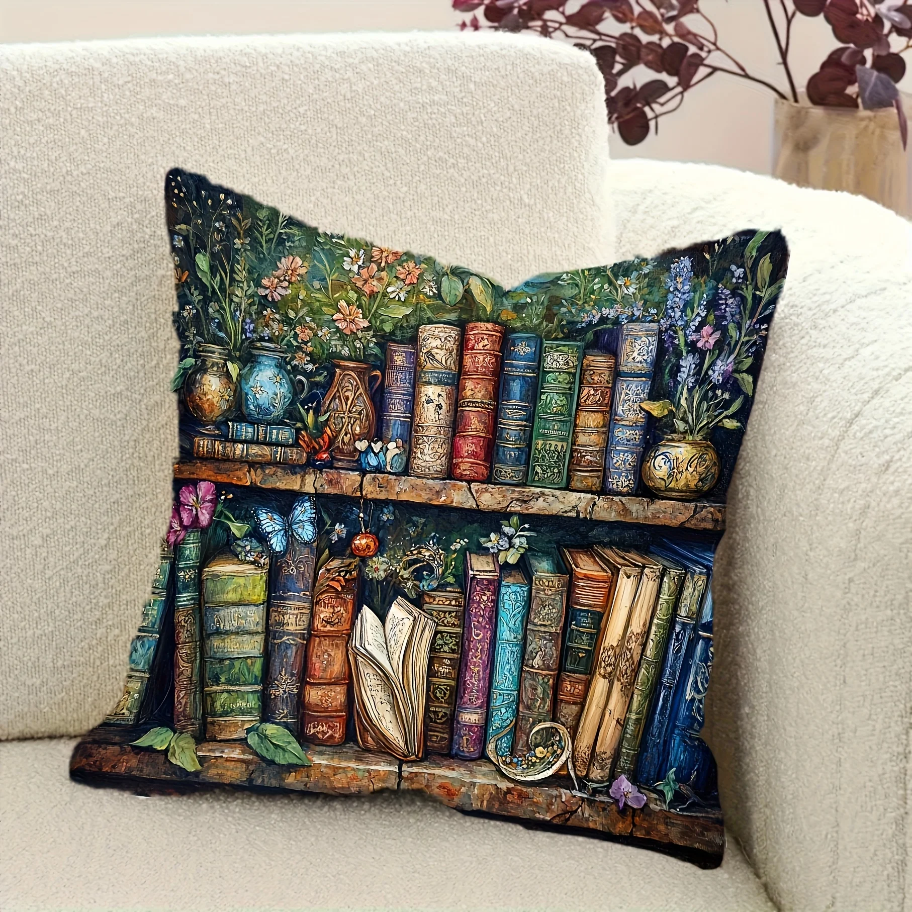 1 Stück Vintage-Bücherregal-Kissenbezug mit Blumenmuster, Polyester, 2D-doppelseitiger Druck, Kissenbezug für Sofa, Schlafzimmer, Wohnzimmer, Bo