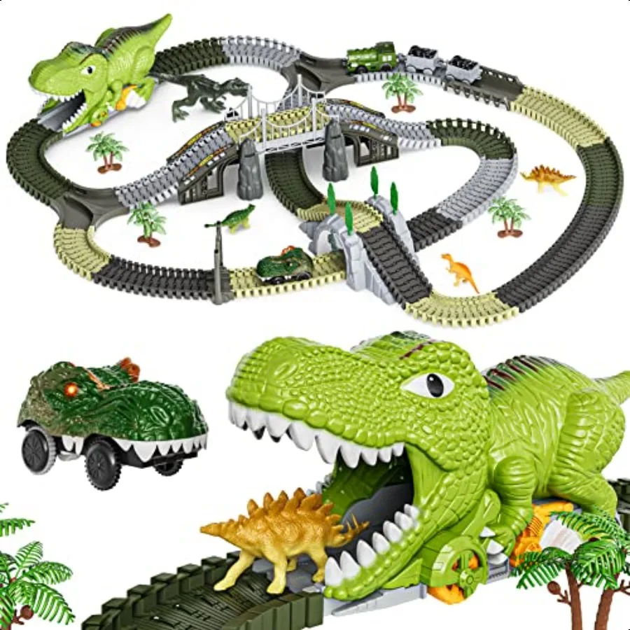 

TUMAMA Dinosaur Toys Race Track 281 Pcs Dinosaur Train Set for 35 57 Flexible Train Tracks with 4 Dinosaurs Figures 2 Electric