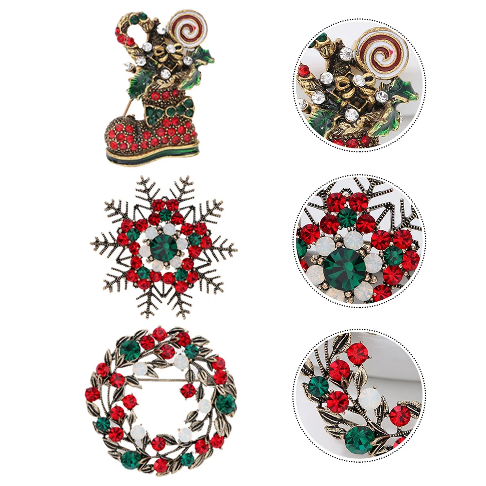 

3 pcs Christmas Brooch Set Alloy Snowflake Boot Pin Retro Vintage Decoration Gift Holiday Party Wear Costume