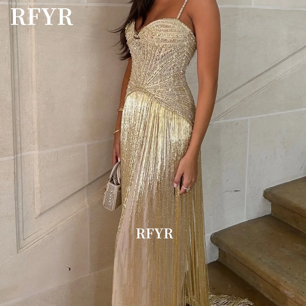 

RFYR Sweetheart Prom Dress Tassels Evening Dress Straps Party Dress Gold Robe De Soiré for Women Customized