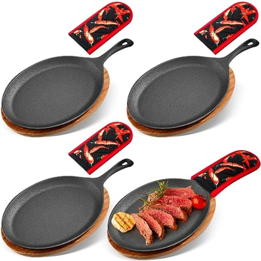 

4 Sets Cast Iron Fajita Plate Set Fajita Plate Pan with Wooden Tray Anti Scald Protection Hot Mitt Cast Iron Skillet Set for Ho