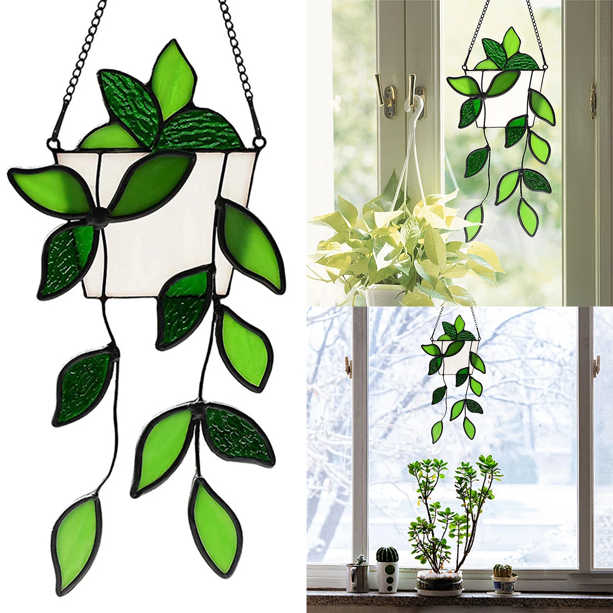 Green Plant Artificial Decor Green Fake Plant Stained Glass Window Hanging Artificial Plant Light Catcher Gift For Plant Lover