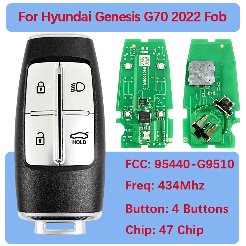 

CN020380 послепродажного обслуживания, 4 кнопки, смарт-брелок без ключа, управление Go, 47 чипов, 434 МГц, FCC 95440-G9510, для Hyundai Genesis G70 2021
