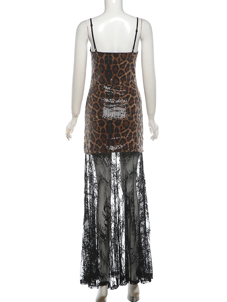 Weird Puss Leoparden-Paillettenkleid Damenmode, verführerisches Kleid mit eckigem Kragen, Spitzen-Patchwork-Saum, ärmellos, für Abendpartys und Clubs – Detail 6