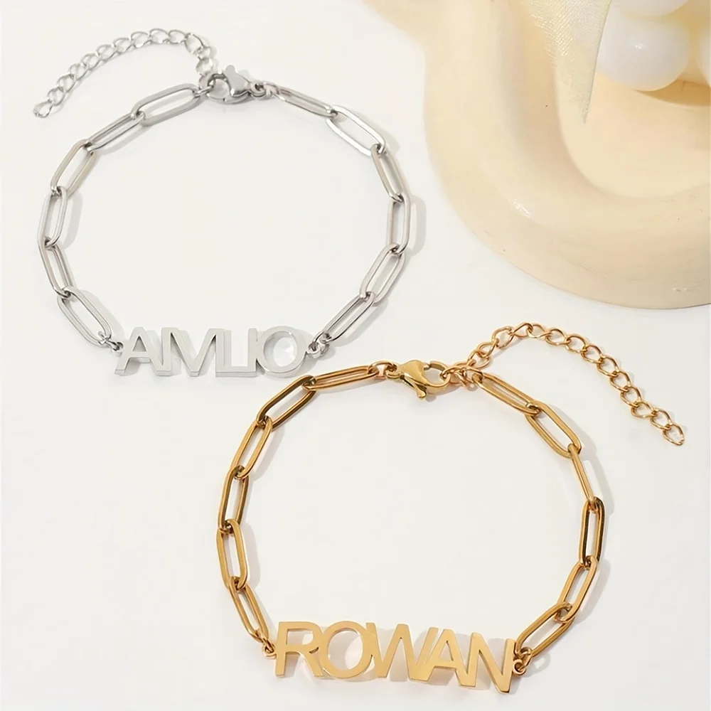 

Custom 18K Gold-Plated Name Bracelet Stainless Steel Paperclip Chain Chic & Simple Jewelry for Women and Men Father's Day Gift