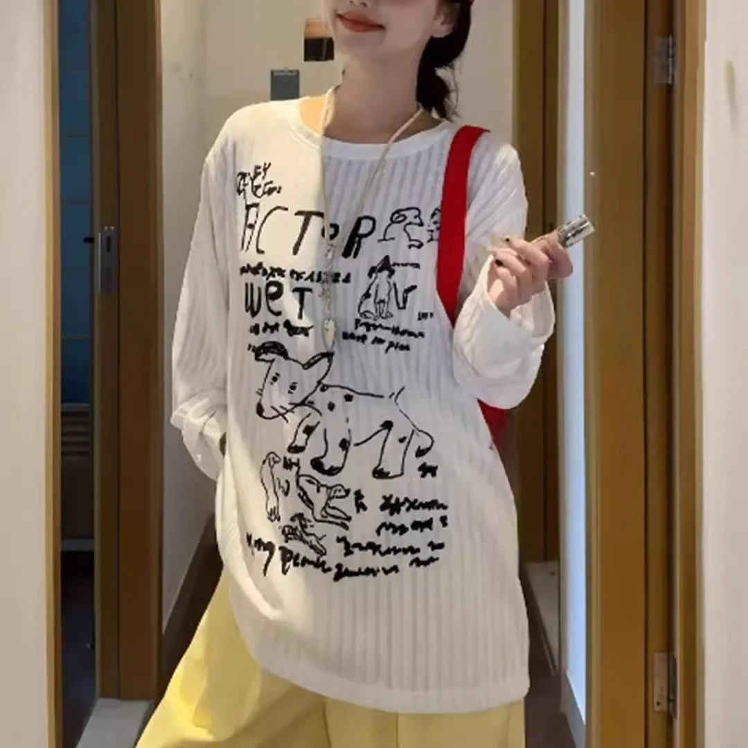 Loose Fit Long Sleeve T-Shirt Women's Style Cartoon Dog Drawn Handily Chic Salt System Top Korean Version Cotton Material