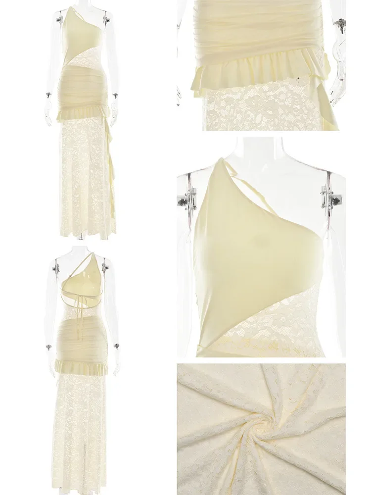 One Shoulder Sheer Lace Patchwork Maxi Dress Women's Backless Lacing Sexy Fashion Sleeveless Ruffles Long Dress Partywear