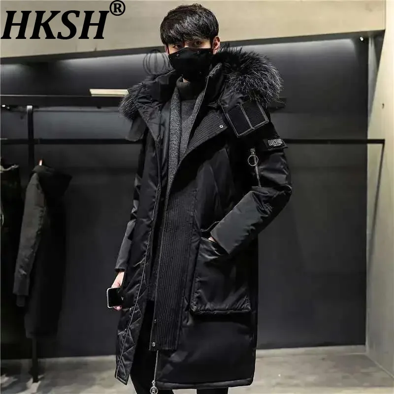 

HKSH Winter Autumn New Jacket Men's Tide Long Thicken Warm Big Fur Collar Trend Loose White Duck Down Hooded Cotton Coat HK0112