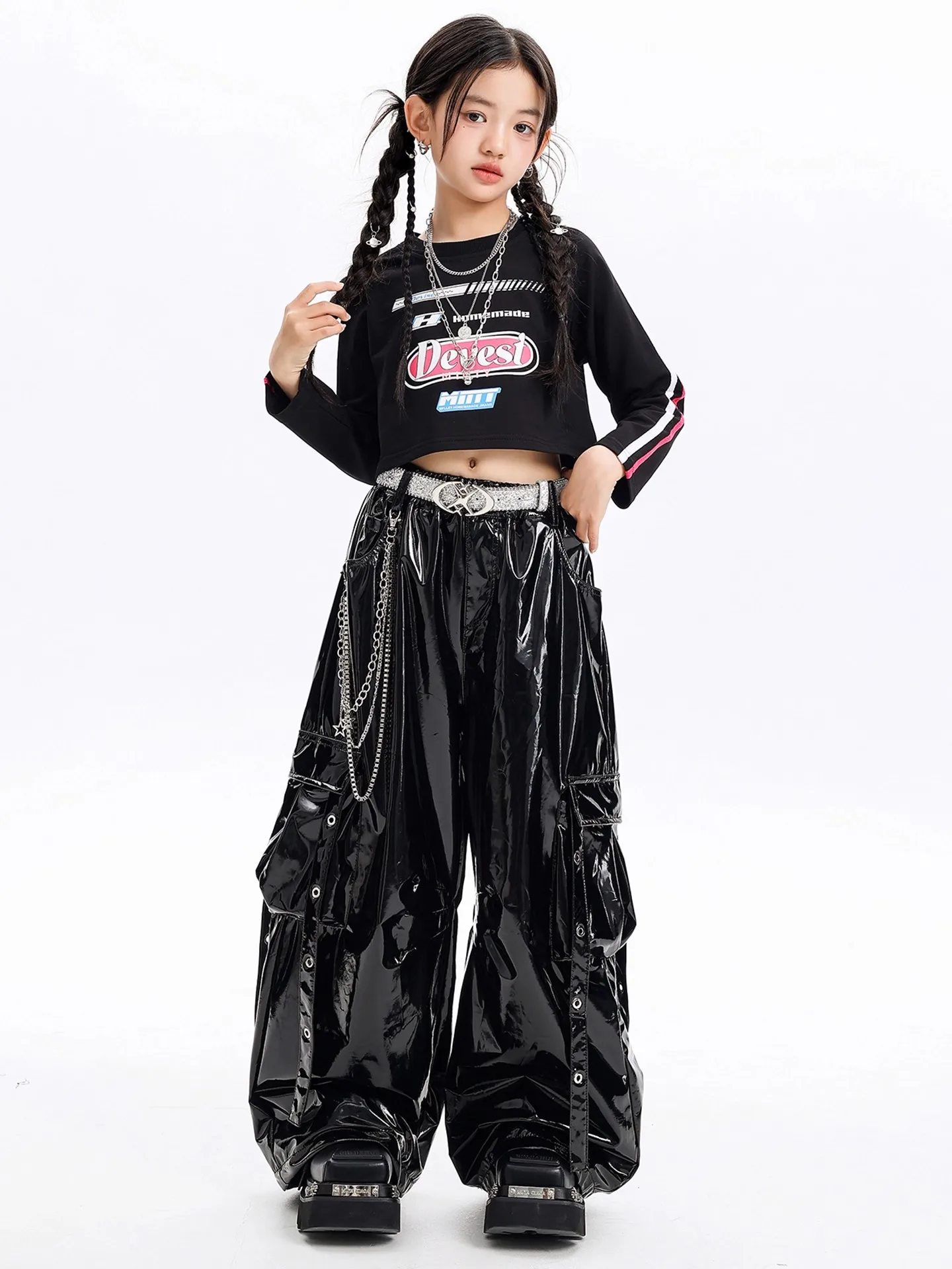 Top a maniche lunghe per bambini Pantaloni lucidi Abiti per spettacoli di danza jazz Kpop Ragazze Squadra Hiphop Costumi di danza di strada DQL11988
