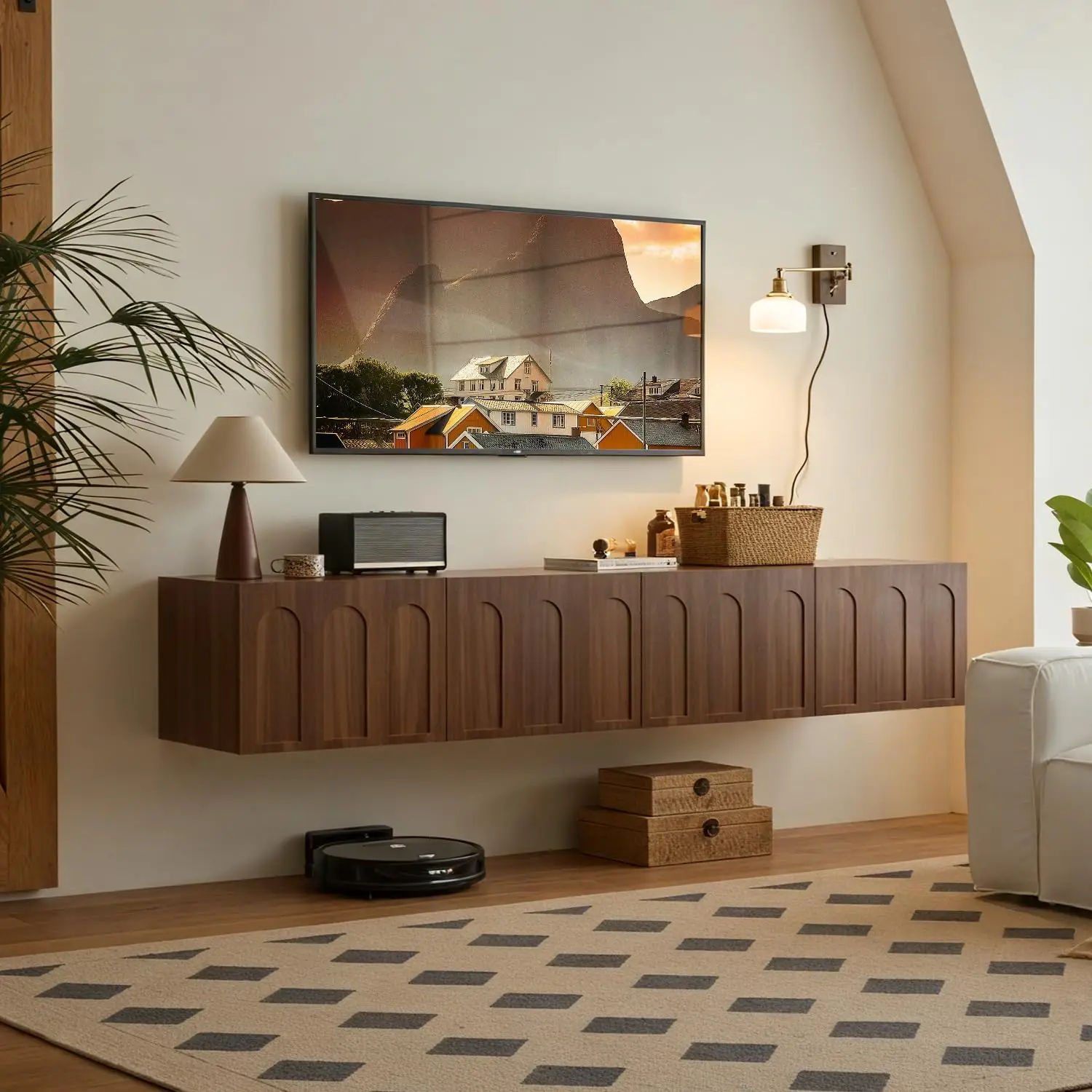 71 Inch Wall Mounted Floating TV Stand Walnut Entertainment Center Storage Shelf Living Room Bedroom, Customized