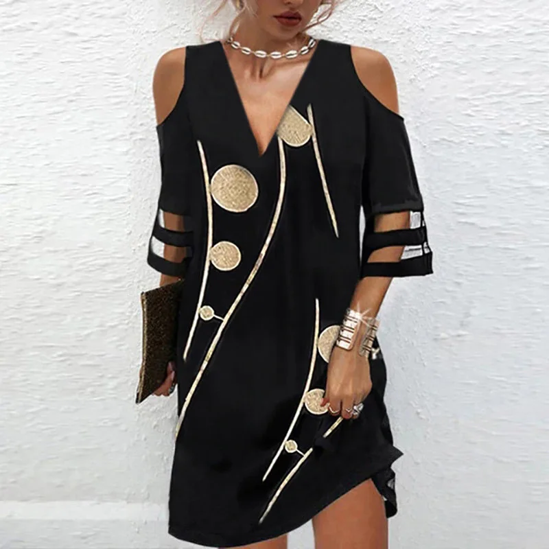 Party Black Dress Women Off the Shoulder Mid Sleeve Mini Dress Summer Hollow Printed Elegant Dress