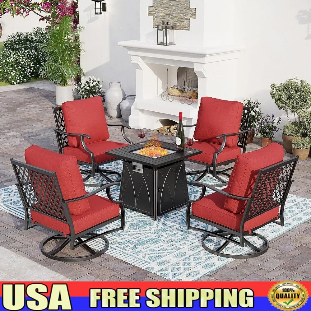 

5 Piece Outdoor Metal Patio Furniture Set with 4 Swivel Chairs Fire Pit Table Comfortable Cushioned Seating Durable All Weather