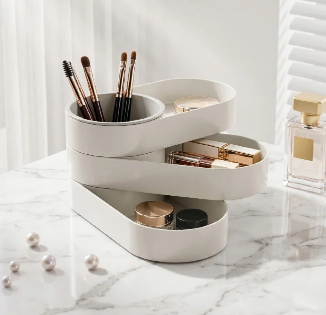 360 °   Rotierende Mehrschichtige Aufbewahrungsbox Minimalistischer Kunststoff-Make-up-Pinsel-Aufbewahrungseimer Großer Schreibtisch-Organizer
