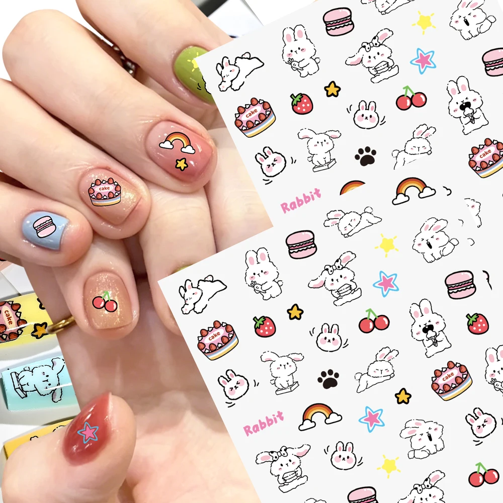 Pegatinas 3D de Dibujos Animados para Uñas: Conejo, Hamburguesa, Arcoíris y Pastel. Calcomanías Adhesivas DIY de Conejo Kawaii para Manicura.