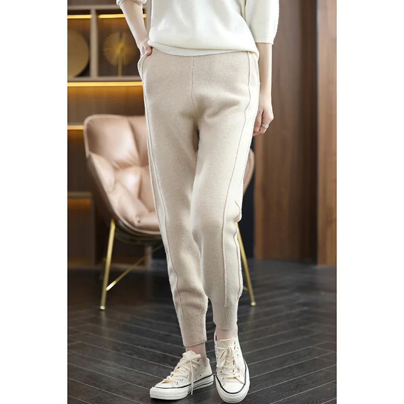 Fashion 100% Merino Wool Solid Color High-Waisted Knit Pants Trousers Cashmere  Soft Simple Basic Casual  Tapered-Leg Joggers