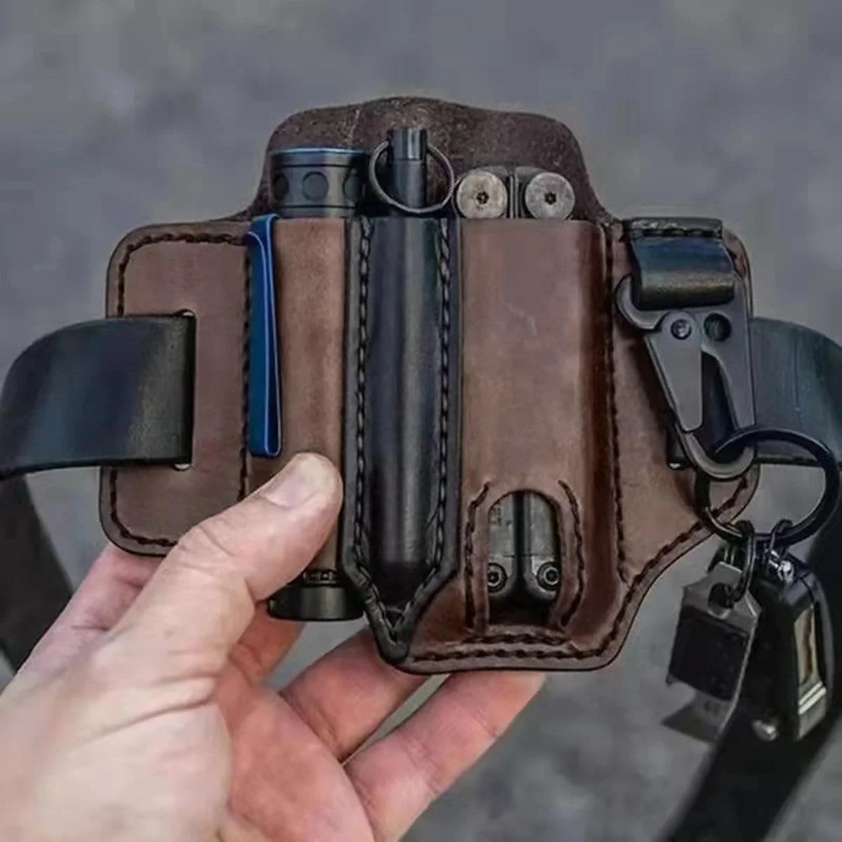 Multitool Sheath for Belt, Sheath for Men, PU Leather EDC Pocket Organizer with Pen Holder, Key Fob, Flashlight Sheath
