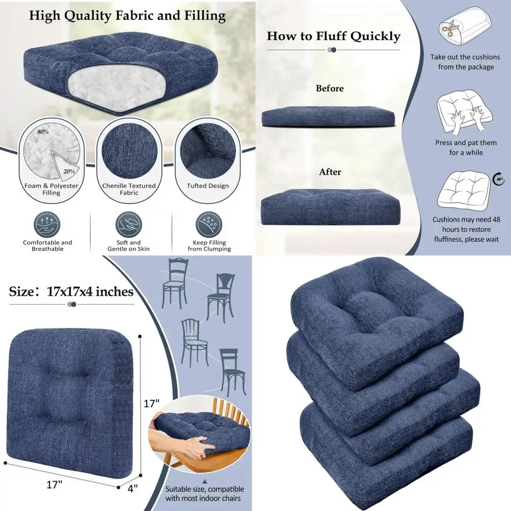 

Набор из 4 подушек для обеденных стульев темно-синего цвета с тафтингом, нескользящие, U-образные, 17x17x4 дюйма