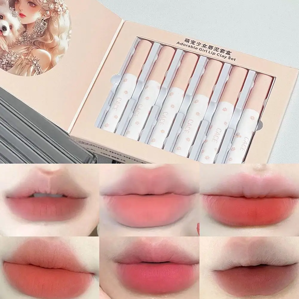 Lasting Lipstick Gift Set 6colors Matte Lip Mud Set Face Lip Check Plush Brush Head Rose Peach Color Adorable Girl Lip Clay Set