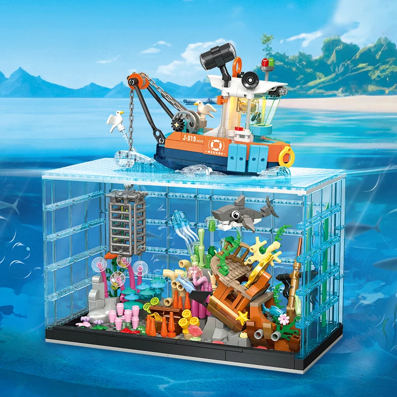 

JJ9219 Simulation Fish Tank with Light, Home Decor Ornament, Kids Building Blocks Toy, Birthday Gift for Fishkeeping Enthusiasts