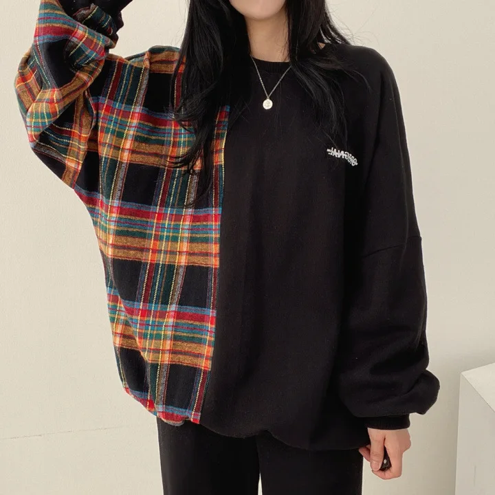 Spring Round Neck Plaid Long Sleeve 2025 Sensibility Korean Style Niche Design Printing Loose Fit Pullover Sweatshirt For Women