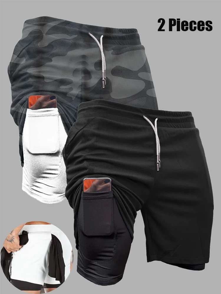 2 Pieces Men\'s Shorts 2In1 Quick Dry Compression Sports Training Jogging Shorts Summer Multiple Colors Outdoor Beach Short Pants