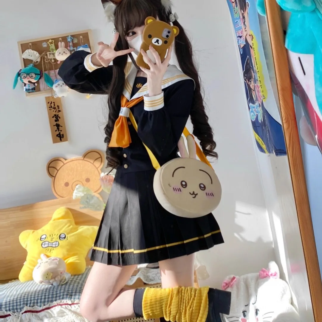 New Japanese School Jk Uniform Girl Sailor Suit Sexy Spring and Autumn Orange Tie White Seifuku Uniform Women Long Sleeve Set