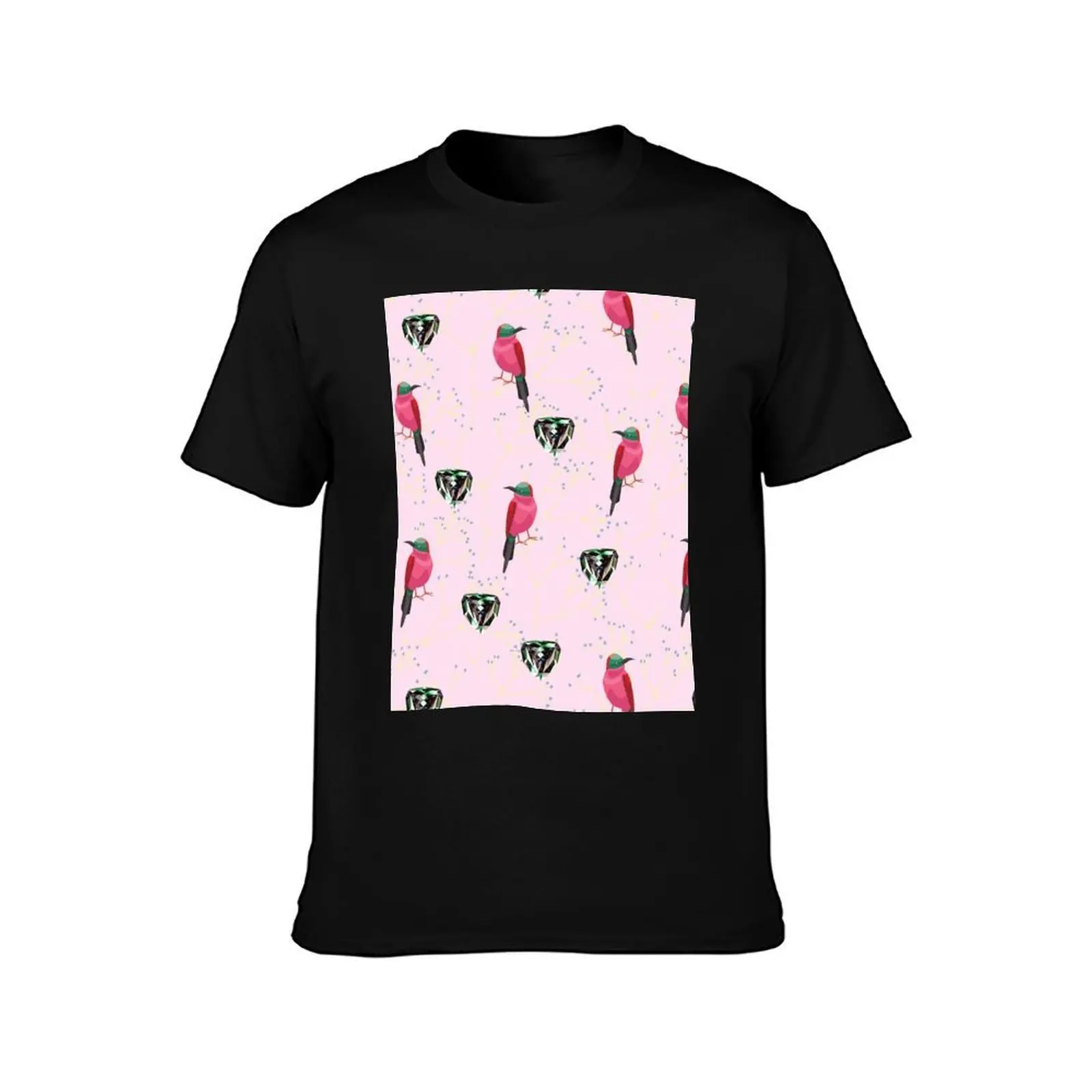 pink bird exotic emerald pattern Graphic T-Shirt, Summer Casual Cotton Tee, Oversized Streetwear Tops, Vintage Graphic Print