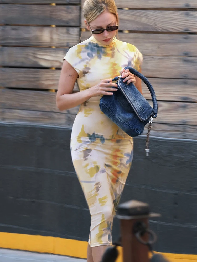 kliou Estetico Elegante Abito Midi Donna Hipster Conciso Manica Corta Collo Alto Guaina Dritto Aderente Mujer Street Abiti
