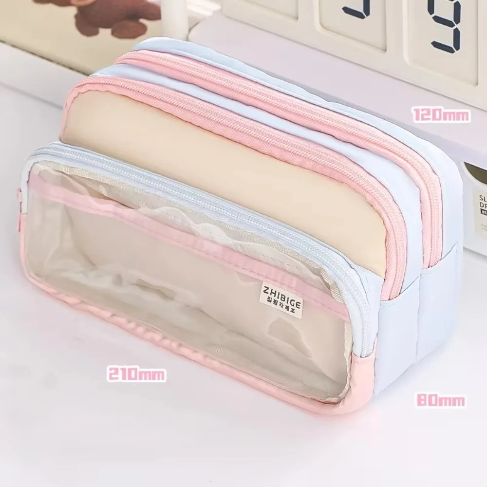 New Color-Block Pen Bag Transparent Pocket Multi-Compartment Pencil Case Large Capacity with Zipper Multi-layer Pen Pouch School
