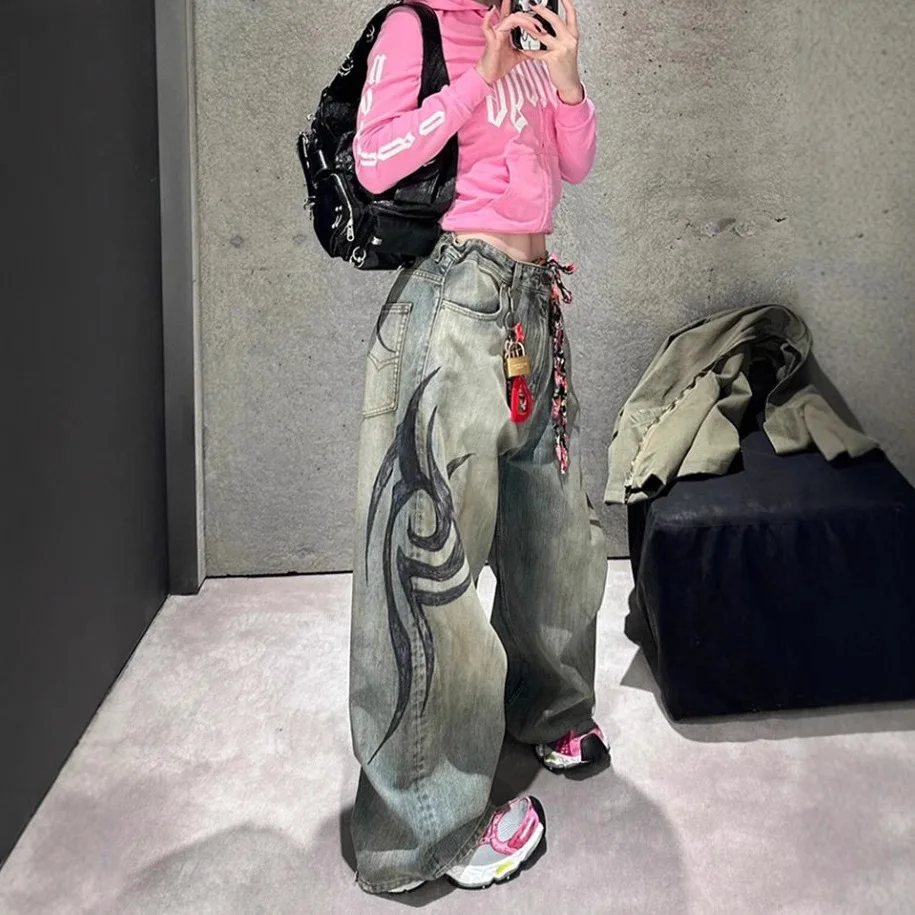 Retro Y2k Print Baggy Jeans Mode Vrouwen Hip Hop Losse Paar Amerikaanse Rechte Wijde Pijpen Broek Gewassen Gescheurde Jeans