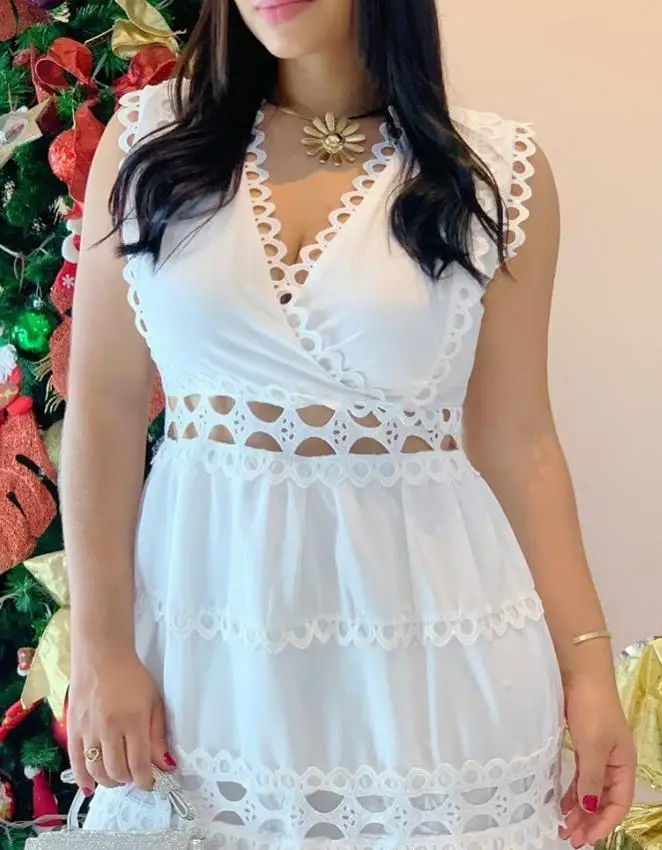 Neue Mode 2025, Sommer, sexy, elegant, Spitzenbesatz, V-Ausschnitt, aushöhlen, ärmelloses Kleid, lässige Taille, A-Linie, ausgestelltes Maxikleid für Damen