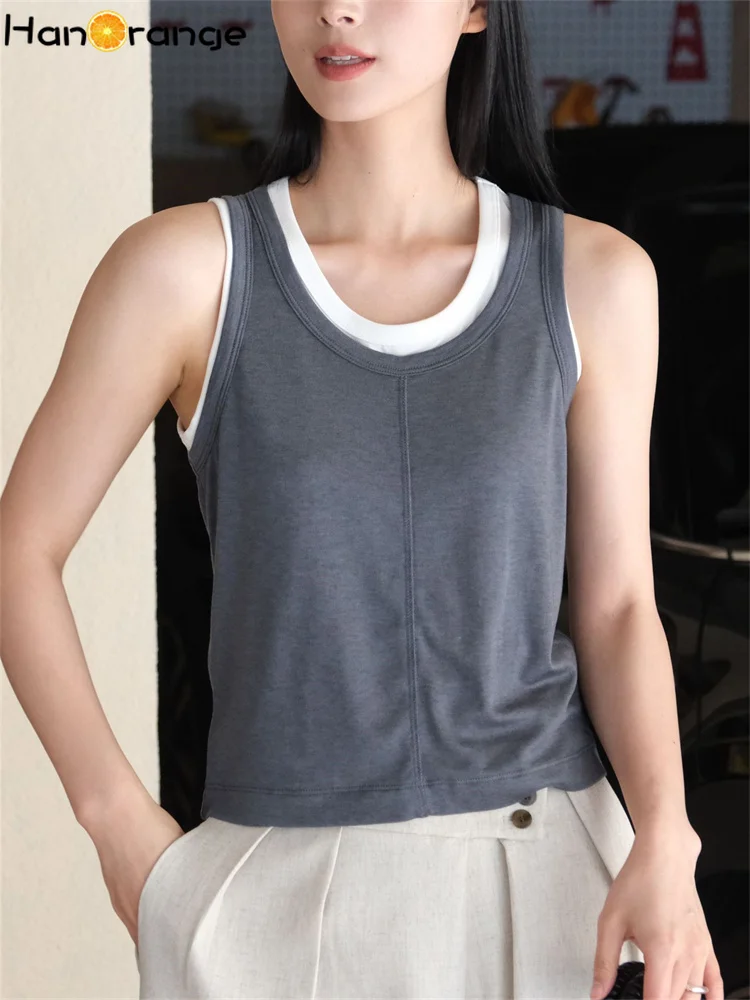 HanOrange 2024 Summer Simple Double Layer Splicing Wool Tank Top Women Slim Fit Elastic Sleeveless Top Light Gray/Dark Gray