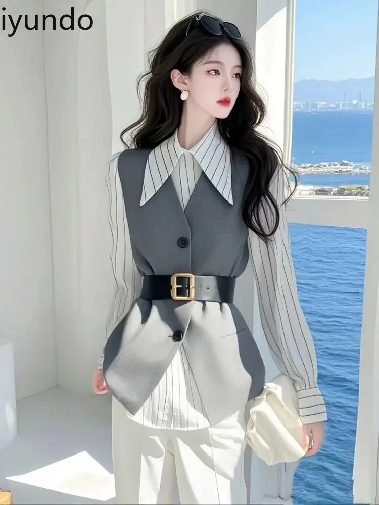 

2025 Spring A Complete Set of Outfits High-end Temperament French Style Gray Suit Vest Shirt Fake Two-piece Blouse Women
