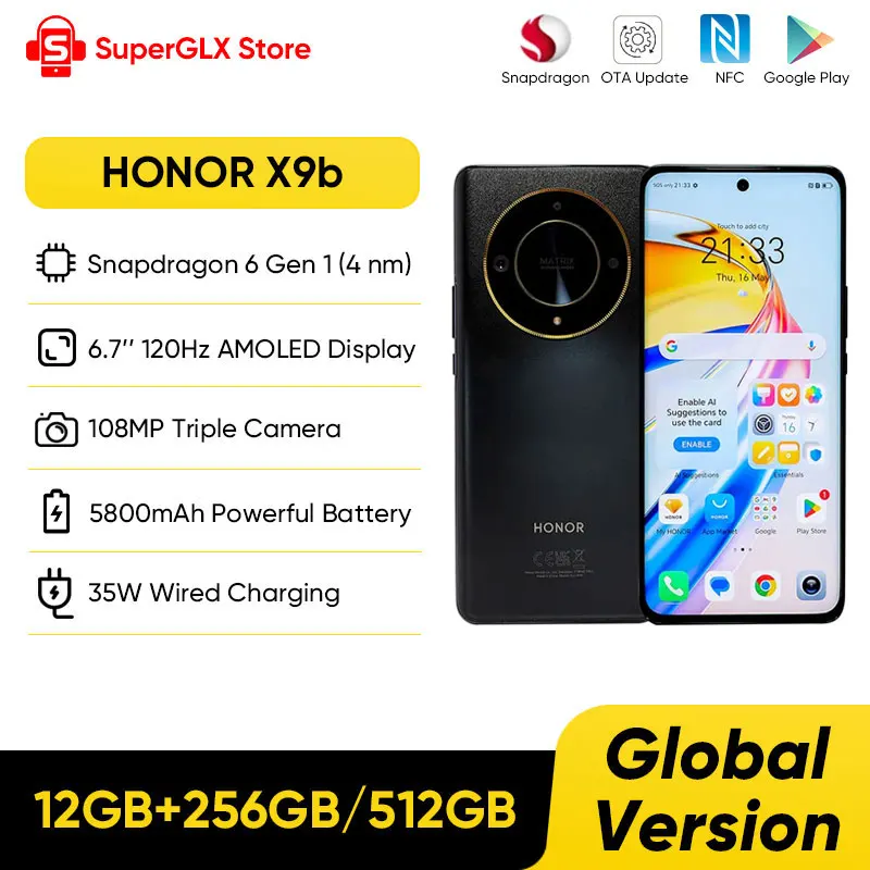 Versión Global HONOR X9b 5G Smartphone 6,78 "Anti-Gocha Pantalla de 120 Hz Cámaras triples de 108 MP Batería de 2 días Android13 Dual SIM