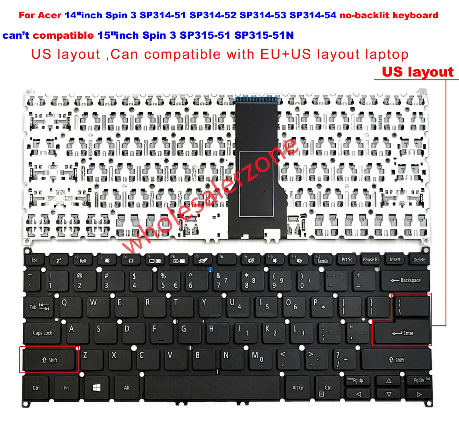 New US Keyboard for Acer 14" inch Spin 3 SP314-51 SP314-52 SP314-53N SP314-53SH SP314-53GN SP314-54N series laptop - view 2