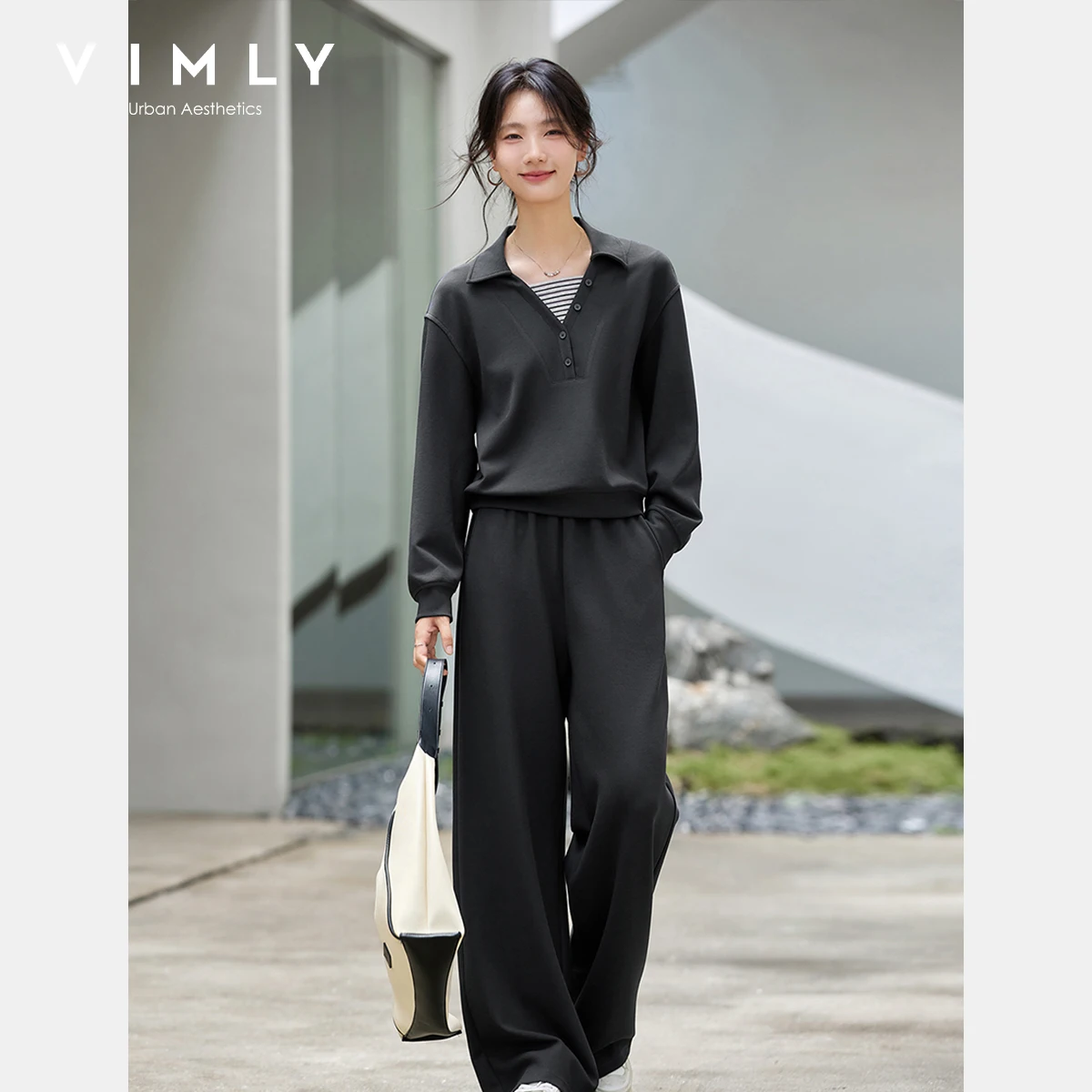 

VIMLY Grey Sporty Pants Set Woman 2 Pieces Autumn 2025 New Patchwork 2 in 1 Tops Casual Long Trousers Female Two-piece Set A2369