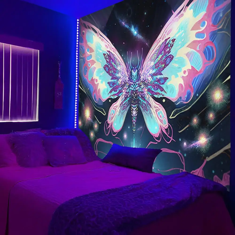 Neon Butterfly Pattern Tapestry Custom Living Bedroom Party Dormitory Interior Wall Bohemian Decoration Attached Clip