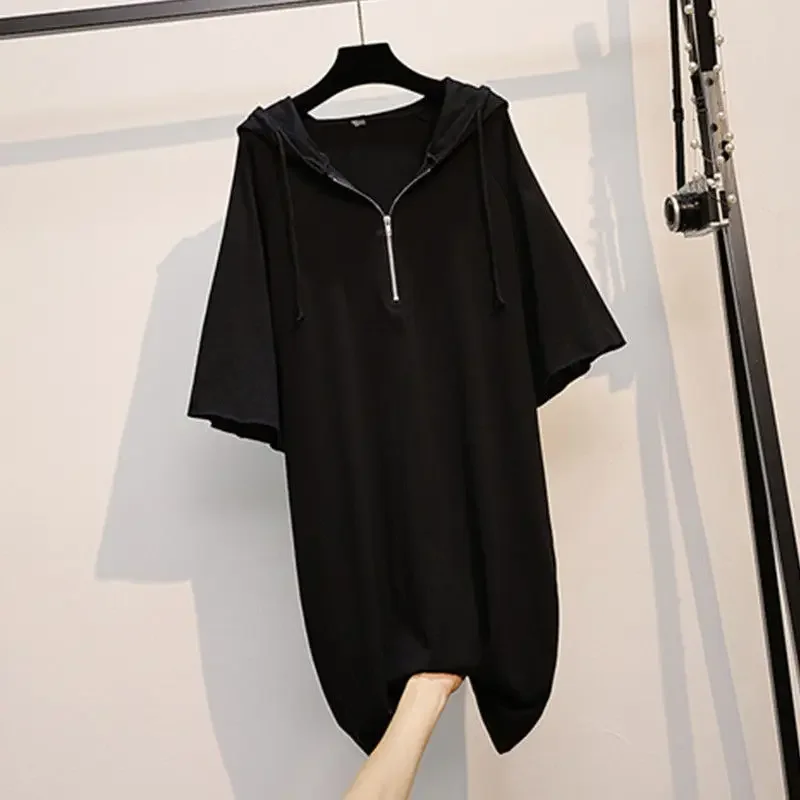 Novedad de verano, vestido camisero de retazos con cremallera, manga corta con capucha, vestidos informales sencillos y lisos, ropa Vintage de moda para mujer