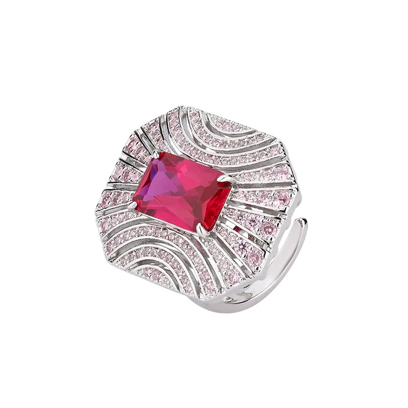 Fashion Luxury Rose Red Zircon Ring Royal Blue Open Ring Red Corundum Pink Zircon Rectangular Women's