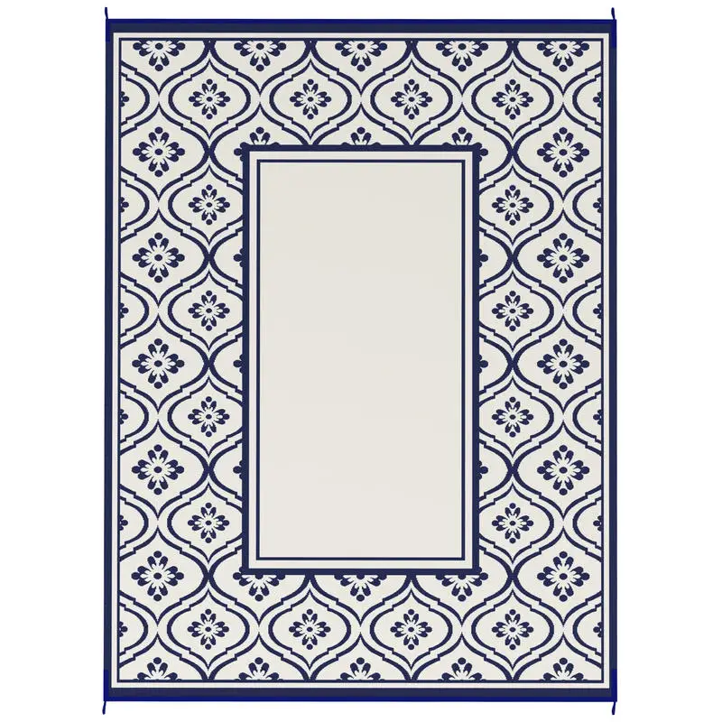 

Reversible Outdoor Rug, Waterproof Plastic Straw with Carry Bag, 9' x 12', Blue &amp-White Gourd Border
