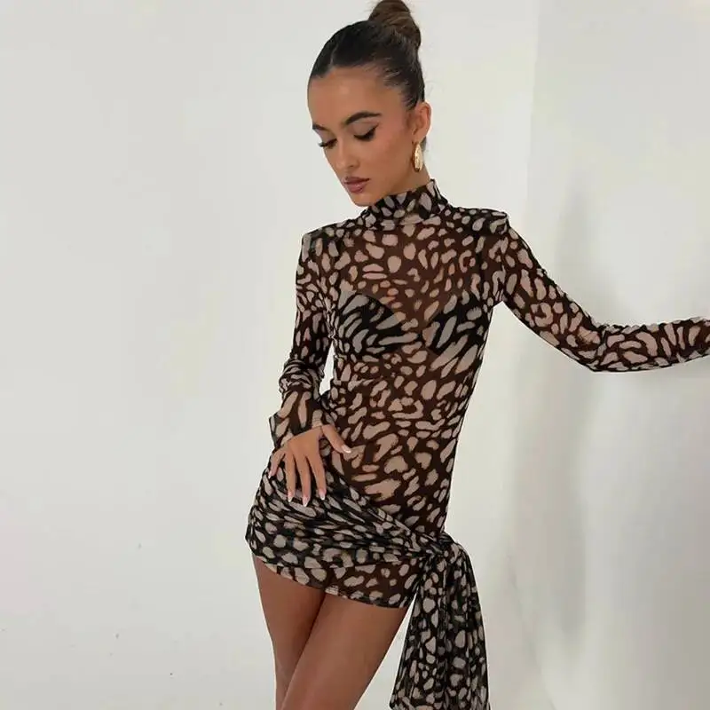 Sheer Sexy Leopard Mini Kleider Rollkragen High Street Kurzes Kleid Spitze-up Slim Fit Party Club Kleid Langarm kleid Für Frauen