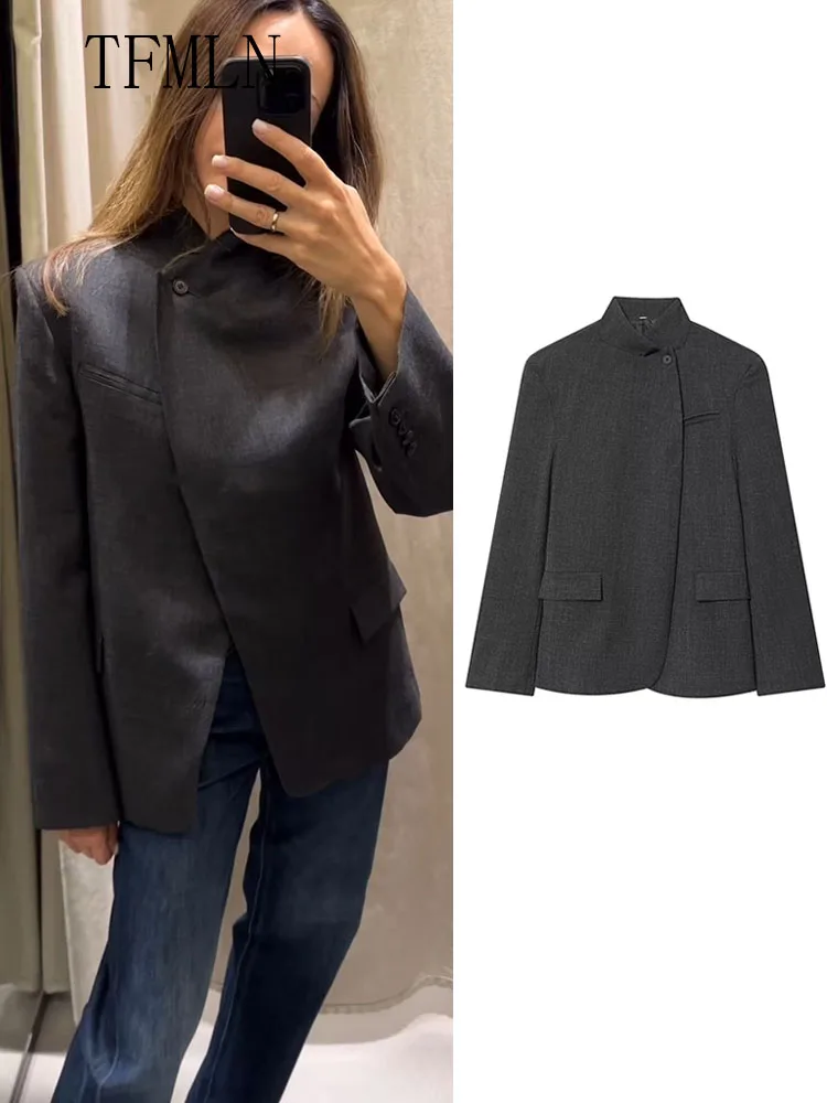 

TFMLN 2026, новые женские свободные пиджаки, винтажные офисные женские пиджаки на одной пуговице, верхняя одежда с длинными рукавами, модные пальто с воротником-стойкой