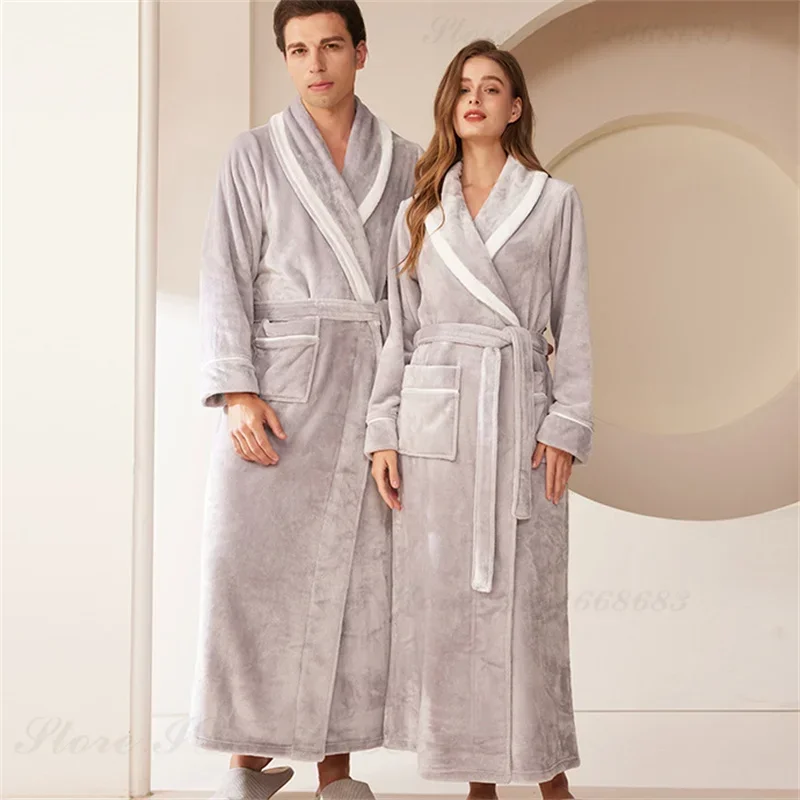 Di grandi Dimensioni 3XL Abito Lungo Coppia Degli Indumenti Da Notte Autunno Inverno Flanella Da Uomo Abbigliamento Per La Casa Addensare Caldo Corallo In Pile Accappatoio Salotto di Usura