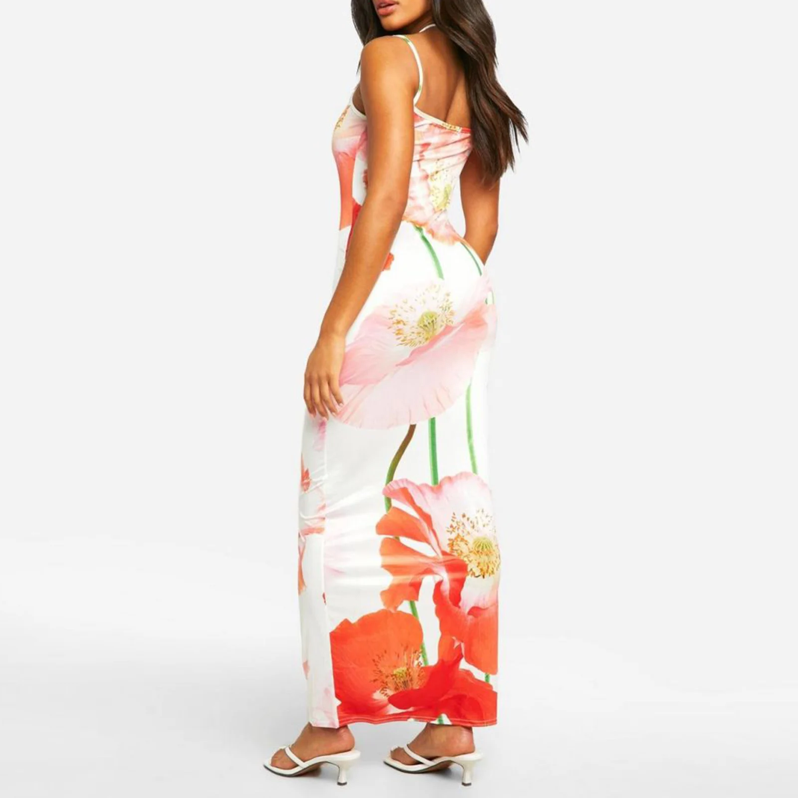 Women's Long Slim Cami Dress Sleeveless Spaghetti Strap Low Cut Open Back Flower Print Beach Dresses