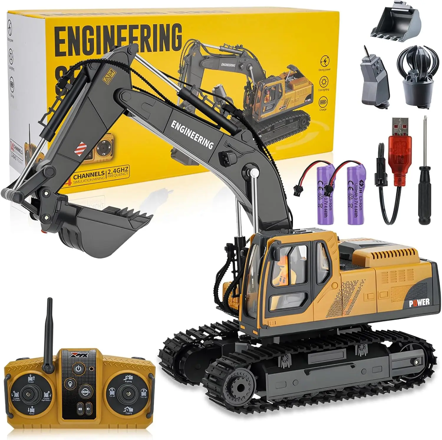 

3-IN-1 RC Excavator Toy for Boys 3-12, 2.4GHz Remote Control with Rotating Bucket, LED Lights & Sounds