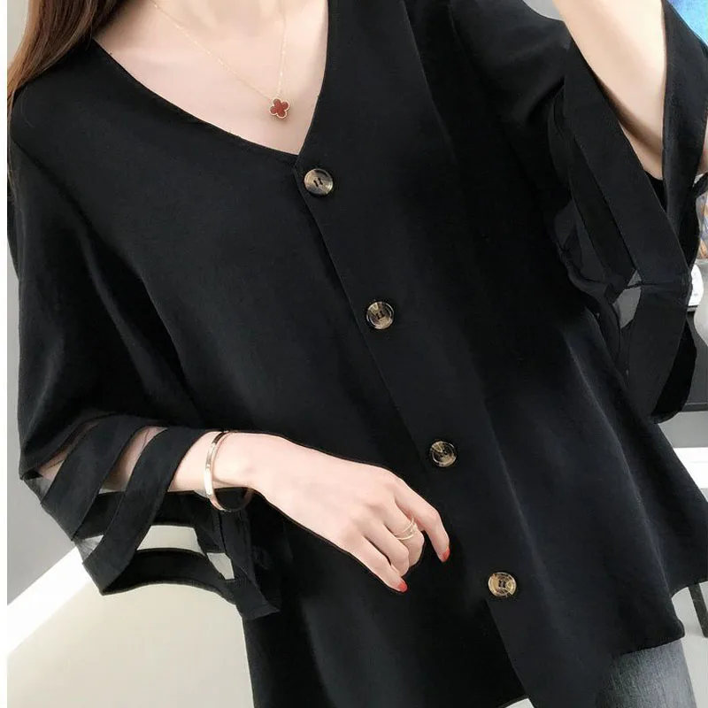 Elegant Vintage Spliced Button Chiffon Shirt Women 2023 Spring New Office Lady V-Neck Flare 3/4 Sleeve Oversize Loose Blouse