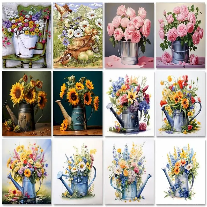 GATYZTORY Ölgemälde nach Zahlen zum Basteln, Blumeneimer, Zahlenmalerei, Heimdekoration, Acrylfarben für Erwachsene, einfach für B