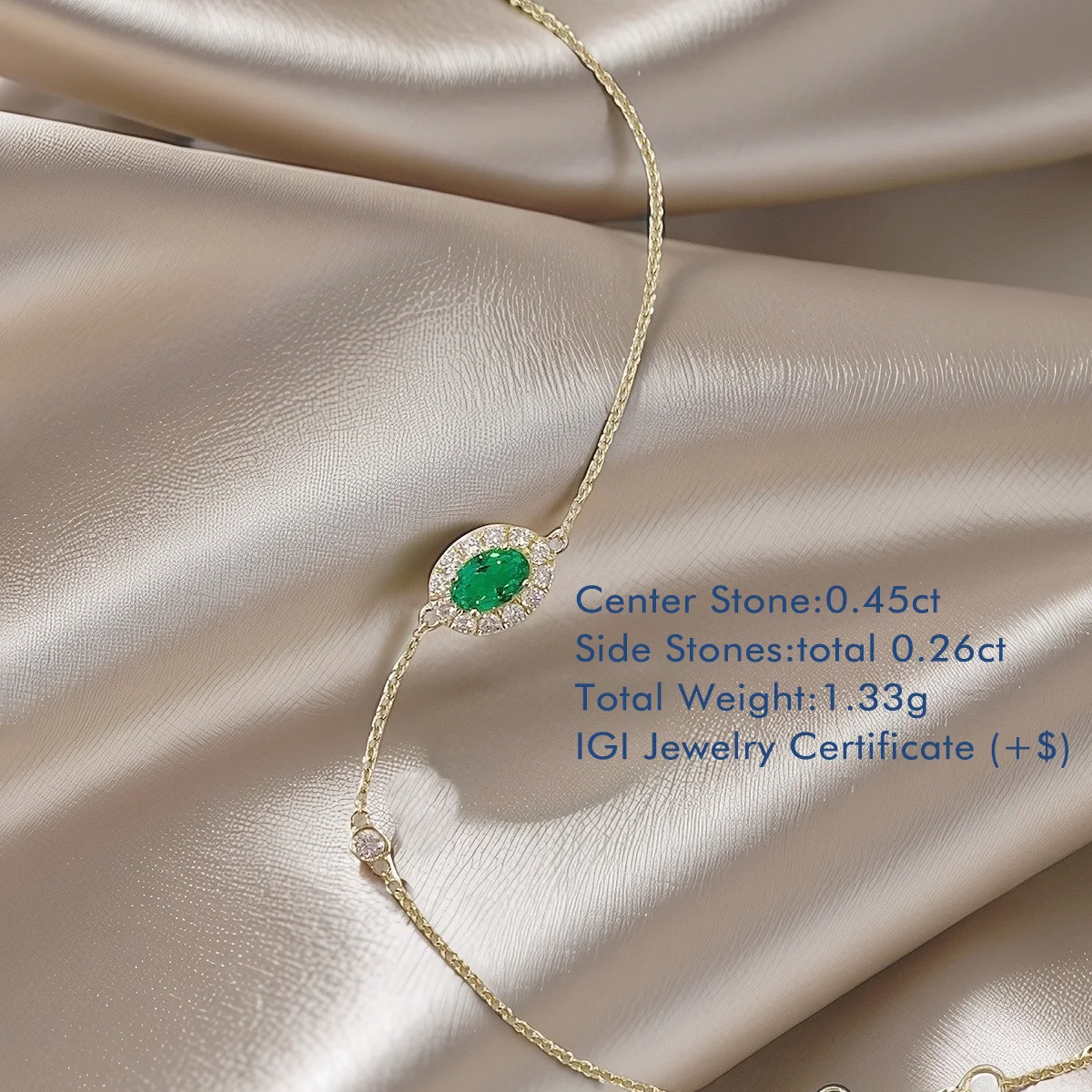 18K Yellow Gold Oval Lab Grown Emerald Bracelet Center Stone 0.45ct Halo Style Lab Grown Emerald Bracelet Fine Jewelry for Women
