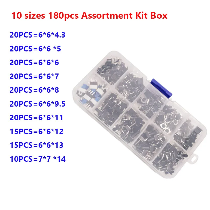 10kinds 180PCS 6*6 Tact Switch Tactile Push Button Switch Kit Height: 4.3MM~13MM DIP 4P Micro Switch 6x6 Key Switch